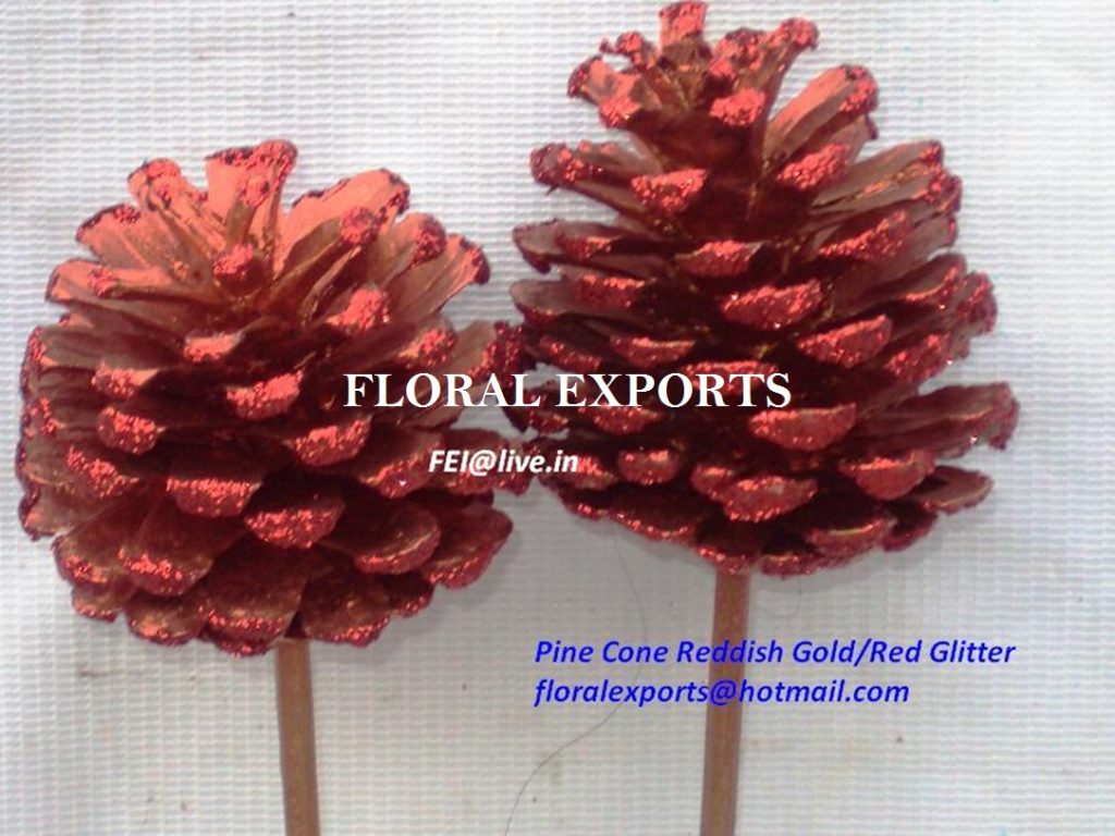 PINE CONE REDDISH GOLD WITH RED GLITTER TIP ON STICK